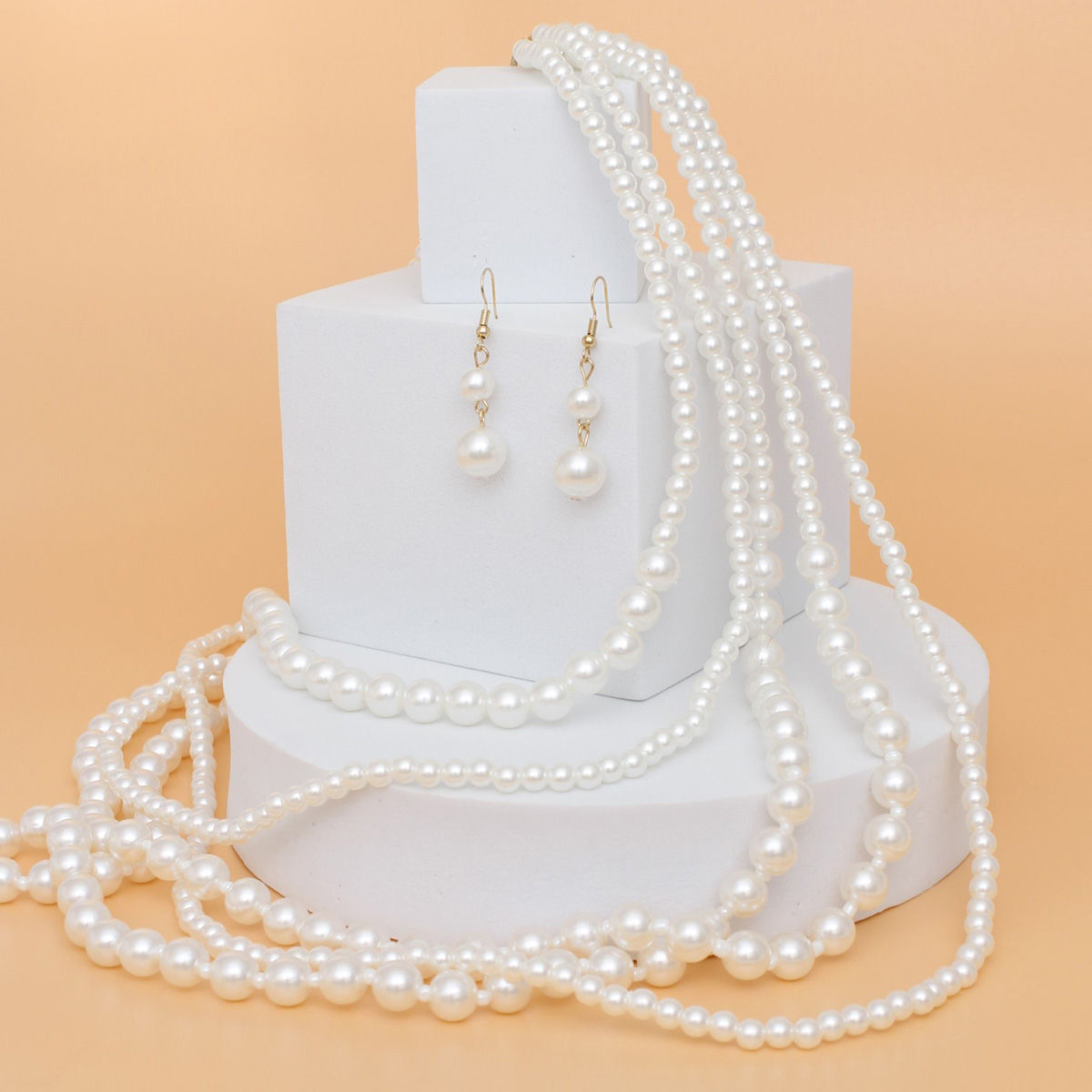 Pearl Necklace Cream 5 Strand Long Set for Women