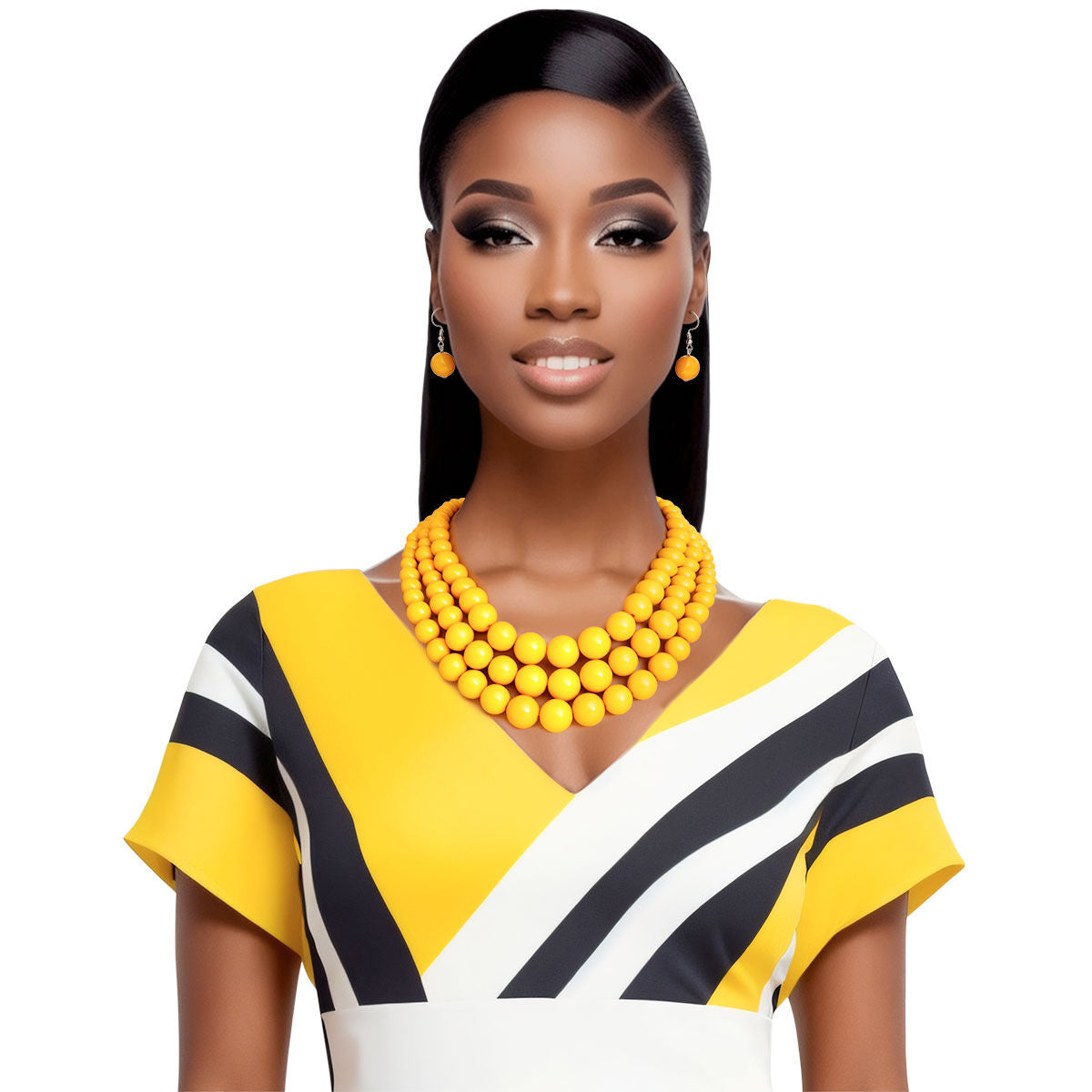 Bead Necklace Yellow 3 Layer Set for Women