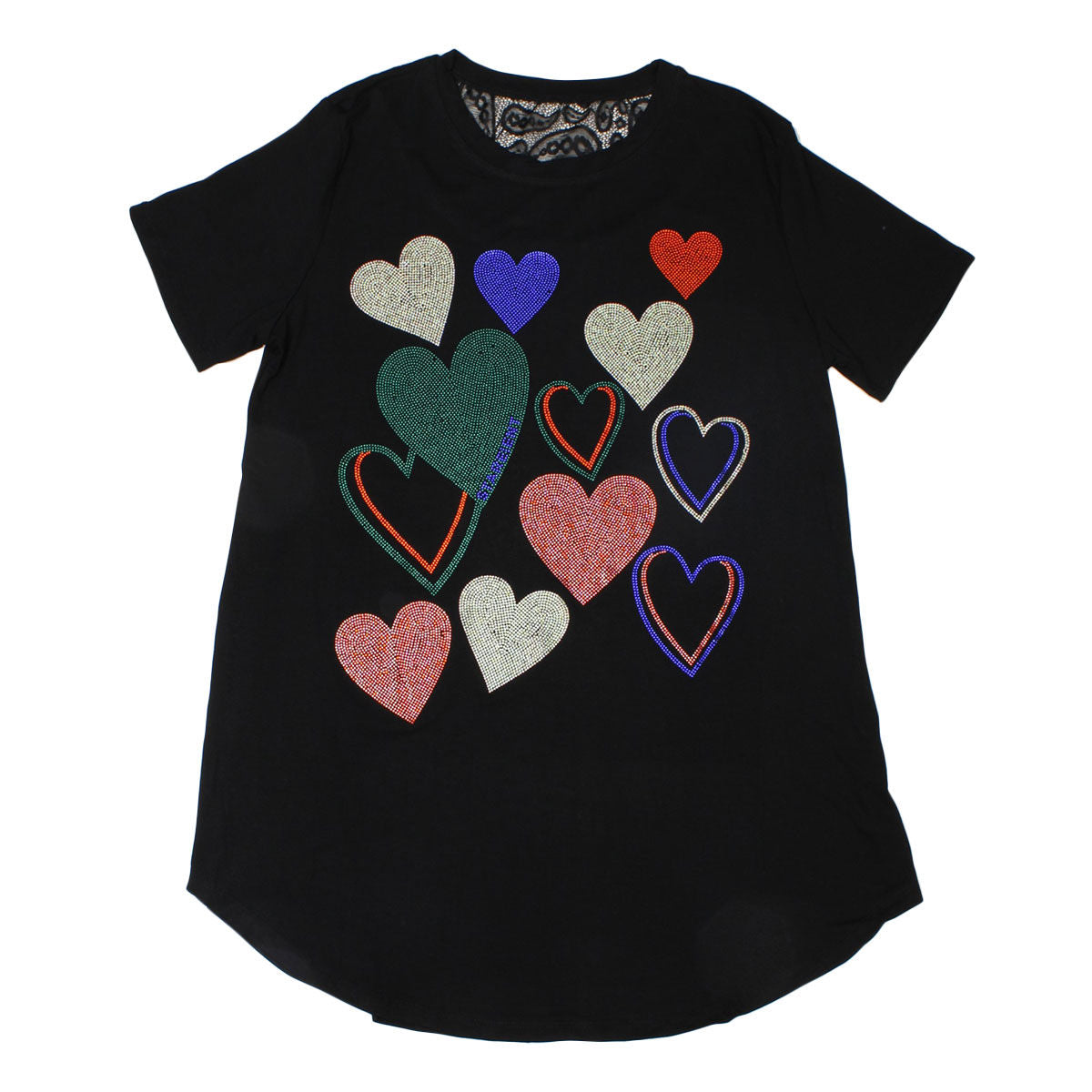 Short Sleeve T-Shirt Black Bling Hearts for Women