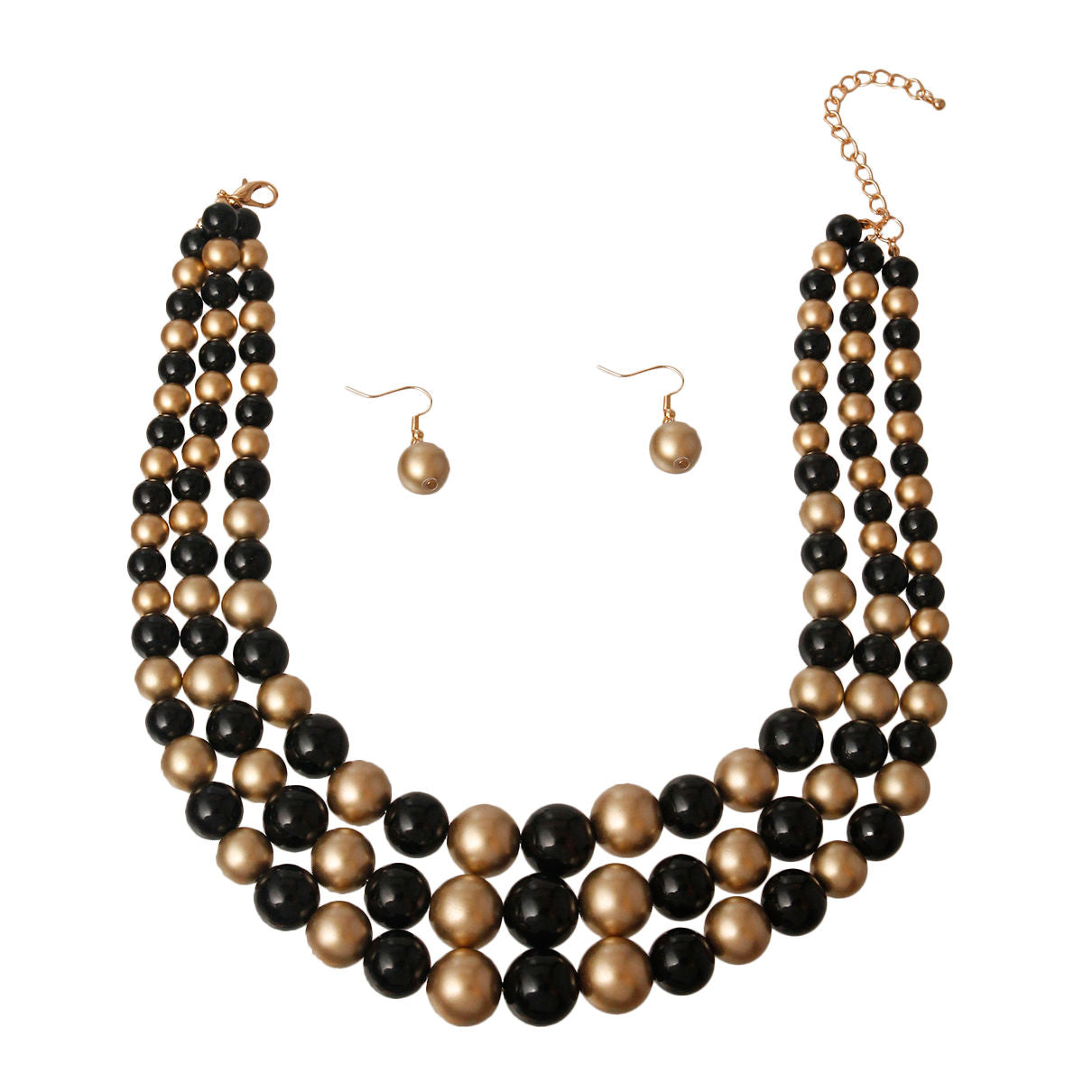 Black and Gold Pearl 3 Strand Necklace Set