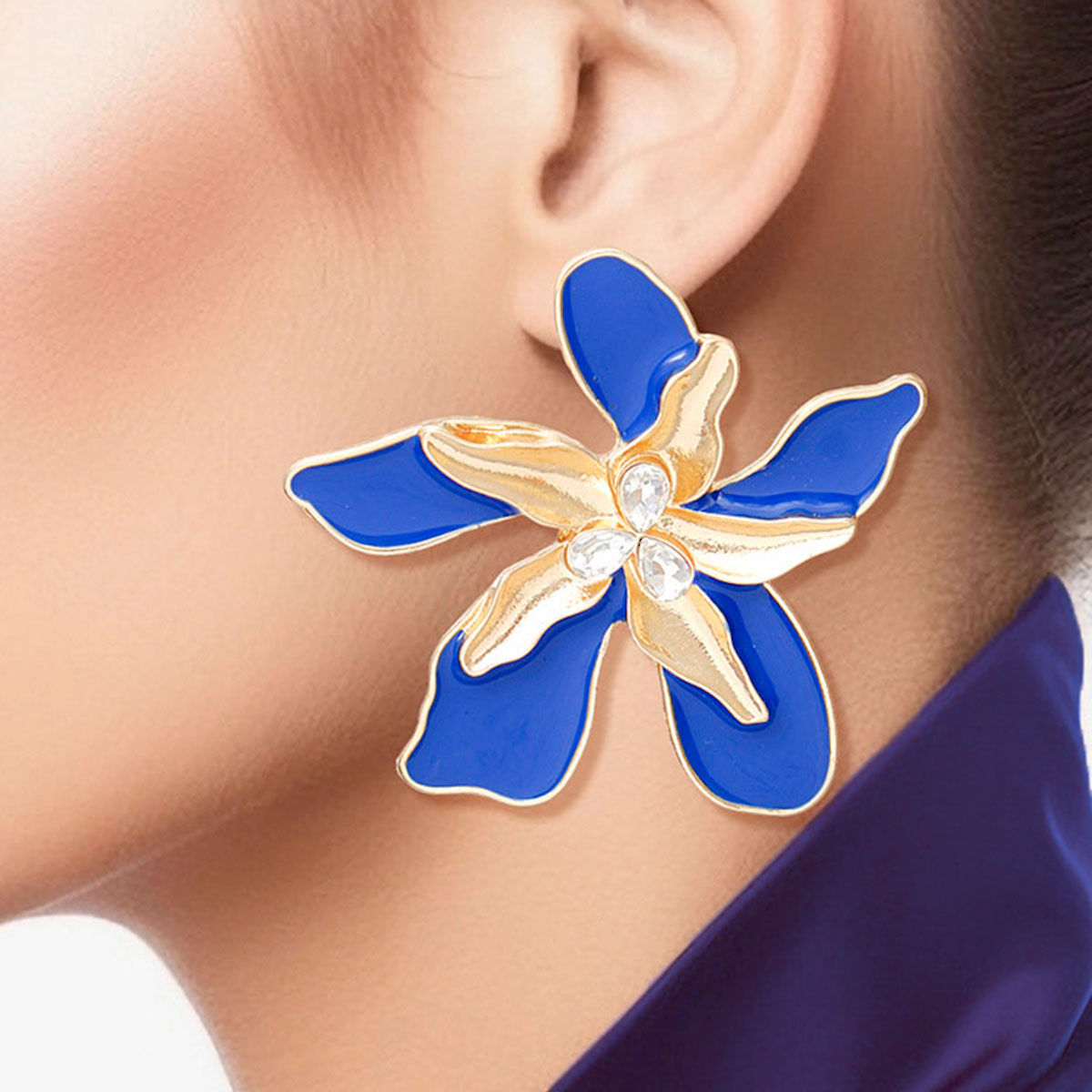 Studs Blue Gold Tropical Flower Earrings for Women