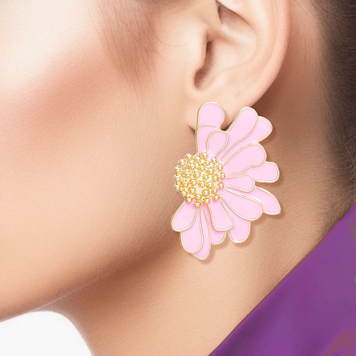 Studs Pink Half Daisy Flower Earrings for Women