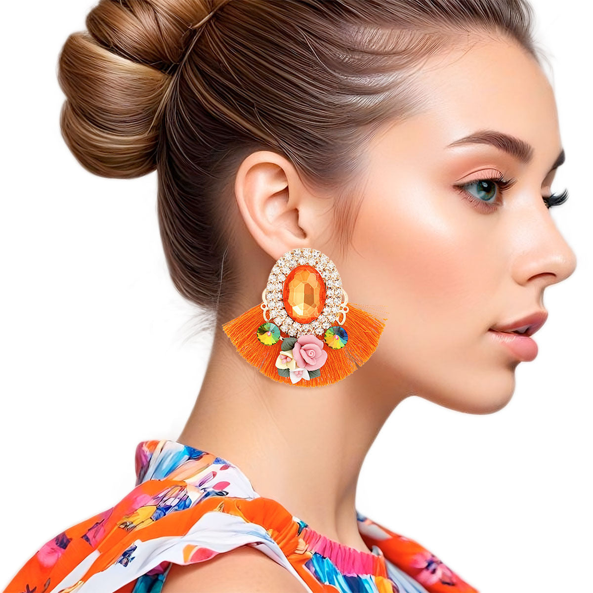 Studs Orange Crystal Fan Tassel Floral Earrings