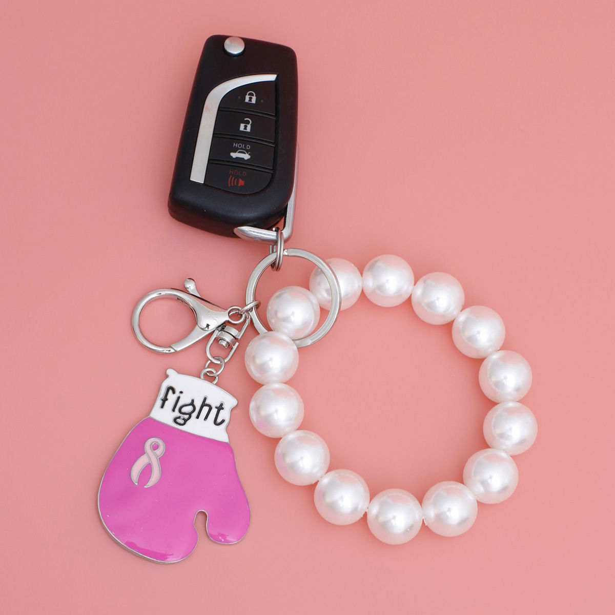 Keychain Silver Pink Ribbon Fight Glove Wristlet