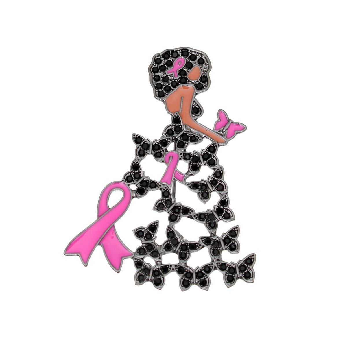 Brooch Hematite Stone Pink Ribbon Butterfly Gown