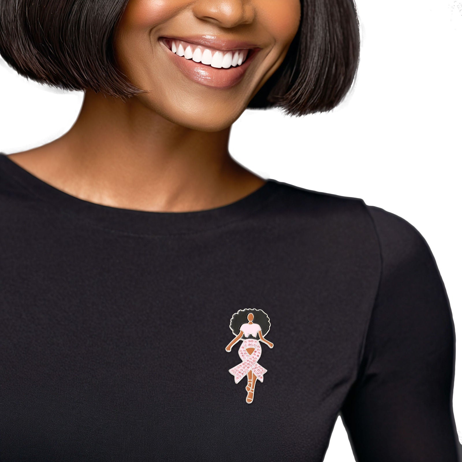 Brooch Silver Light Pink Black Woman Cancer Pin