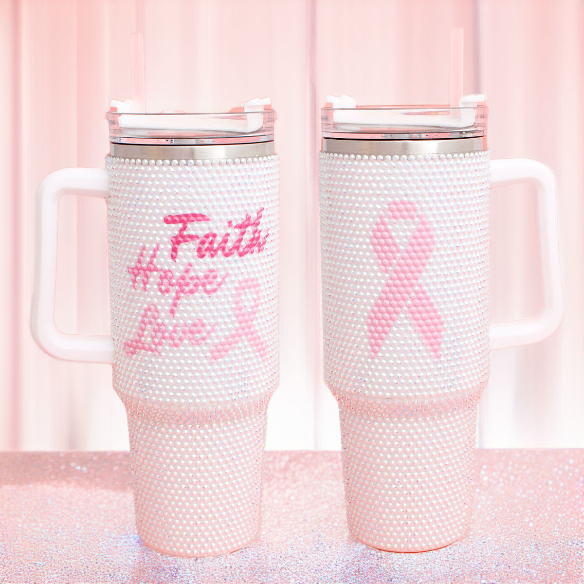 Breast Cancer White Bling 40.5 oz Tumbler Cup