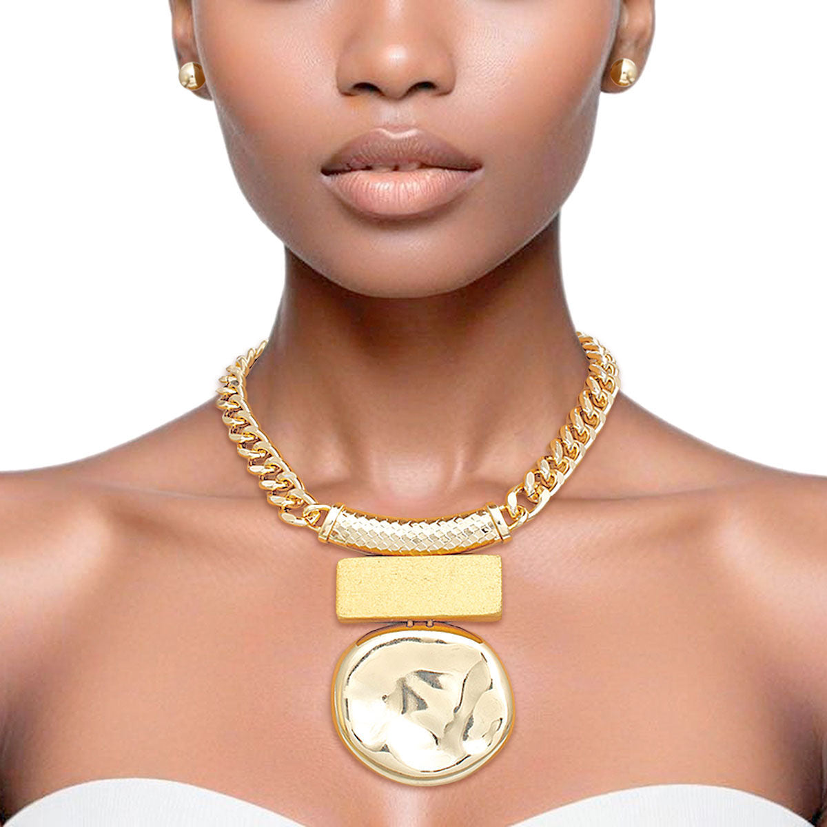 Chain Necklace Gold and Wood Pendant Set Women