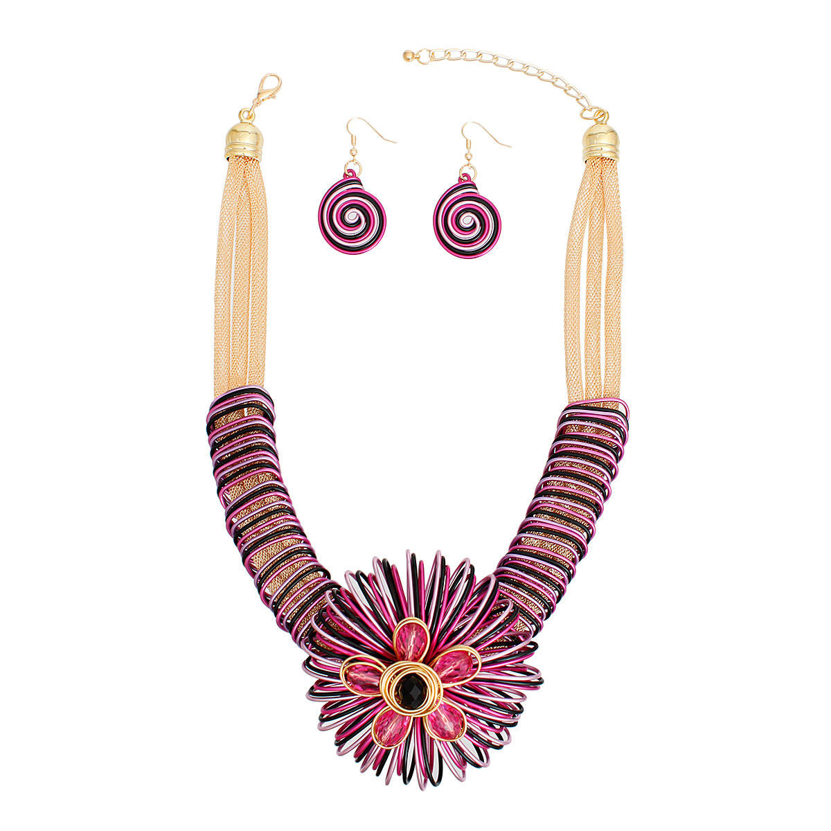 Statement Necklace Fuchsia Wire Flower Set Women