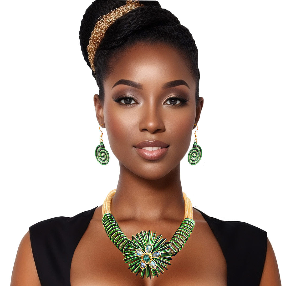 Statement Necklace Green Wire Flower Set for Women