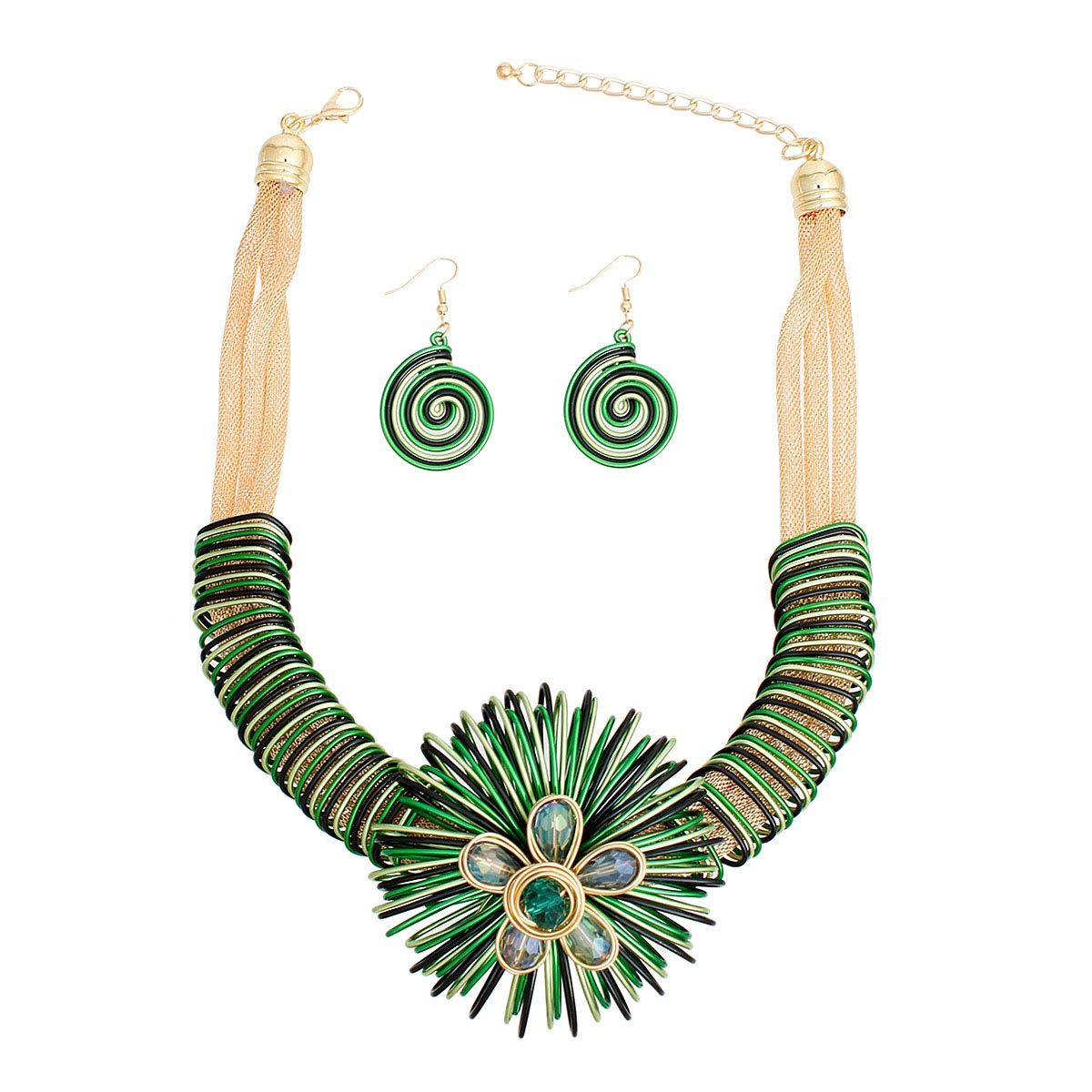 Statement Necklace Green Wire Flower Set for Women