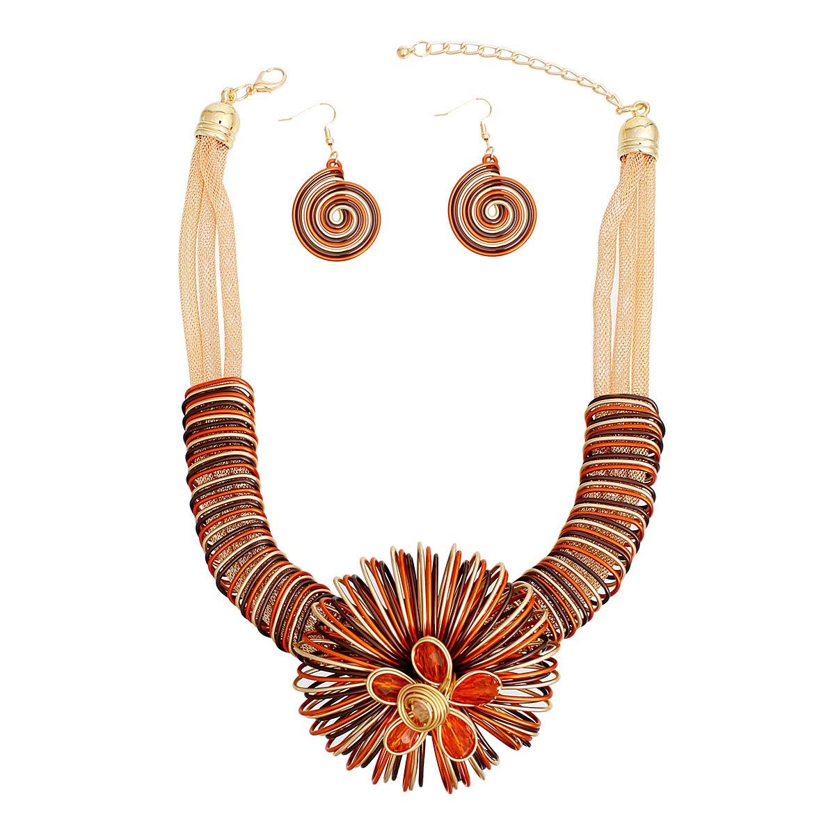 Statement Necklace Orange Wire Flower Set Women