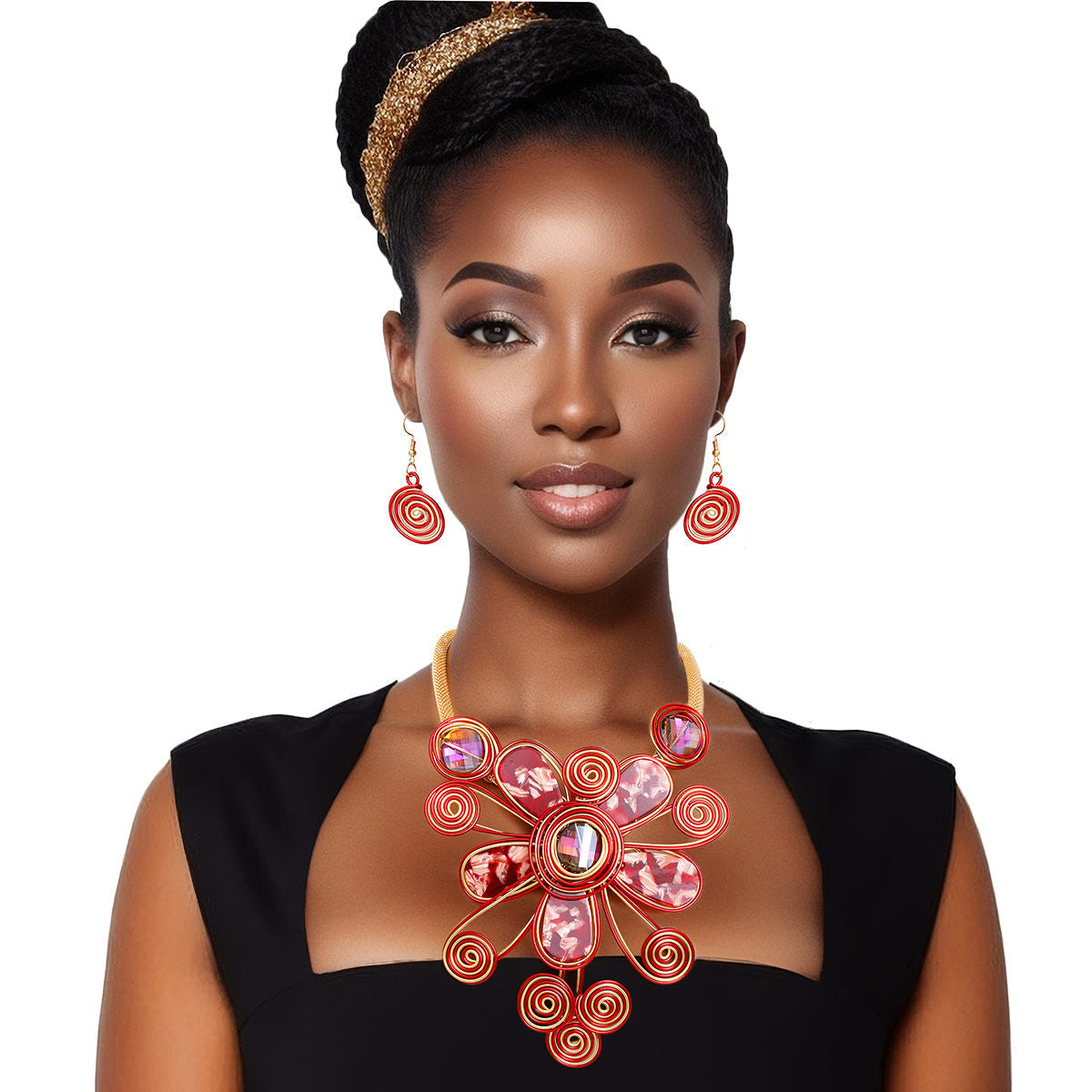 Bib Necklace Red Wire Flower Petal Set for Women