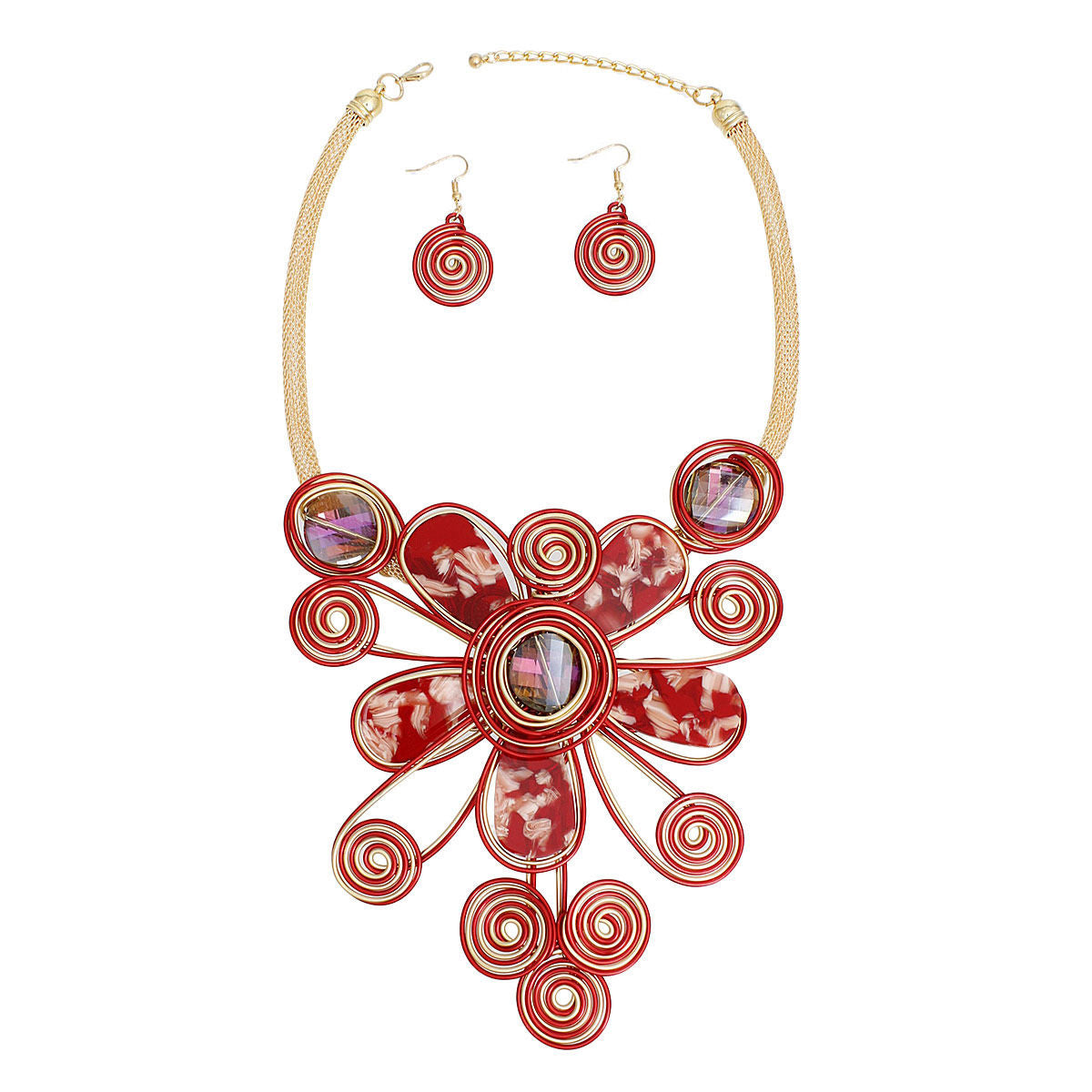 Bib Necklace Red Wire Flower Petal Set for Women