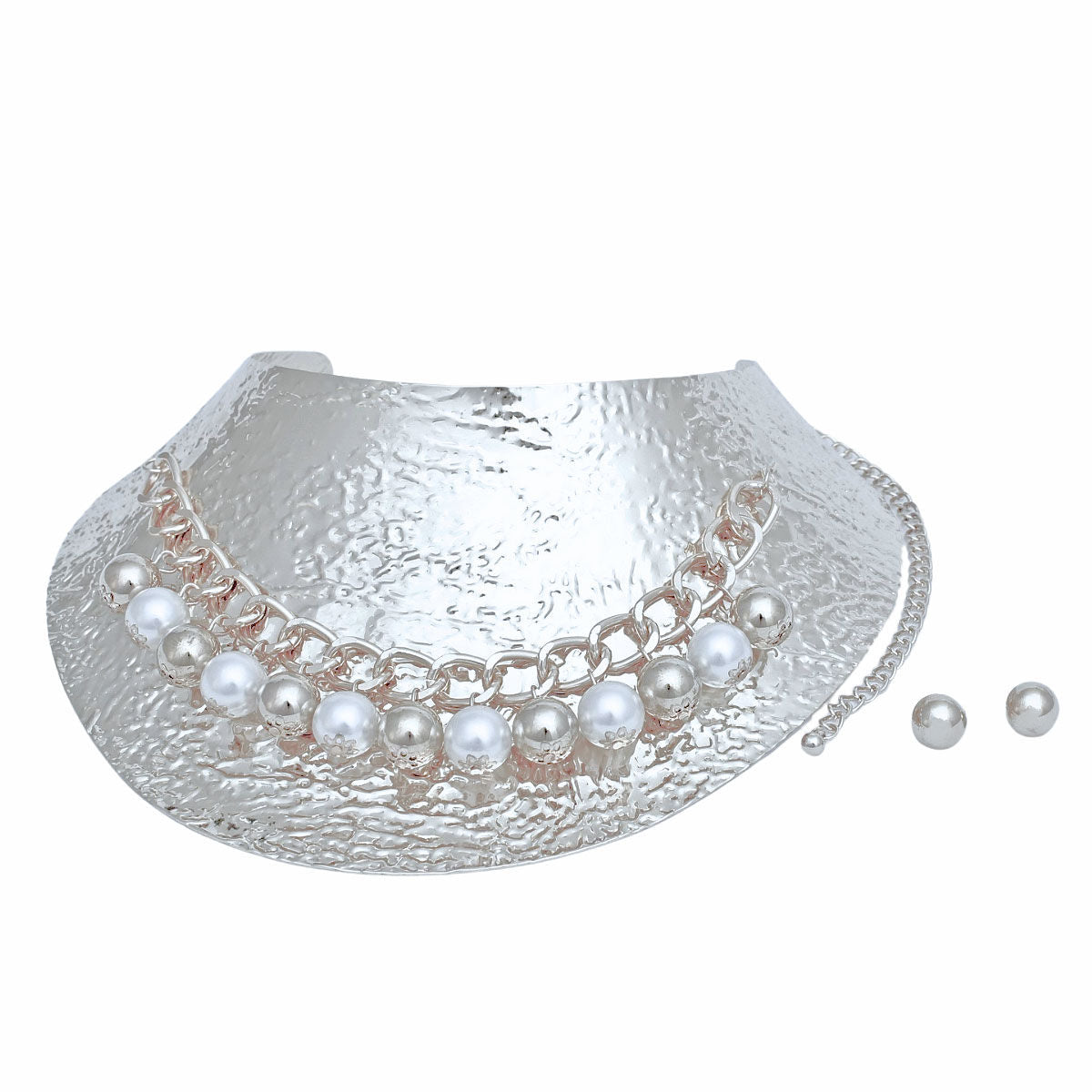 Armor Choker Collar Pearl Rigid Silver Metal Set