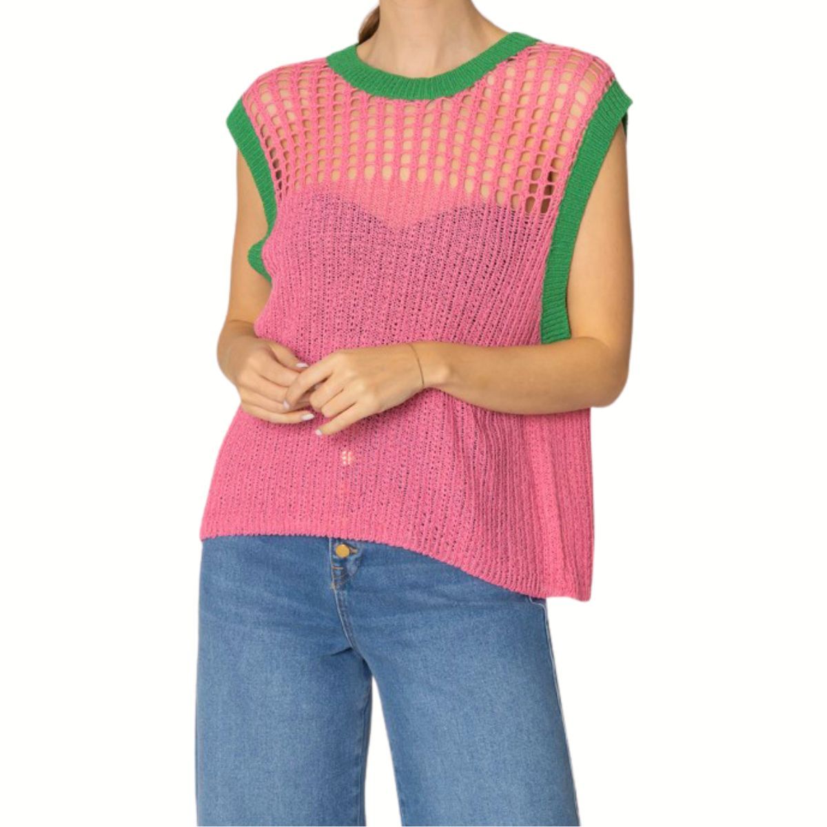 Vest Top Pink and Green Crochet for Women