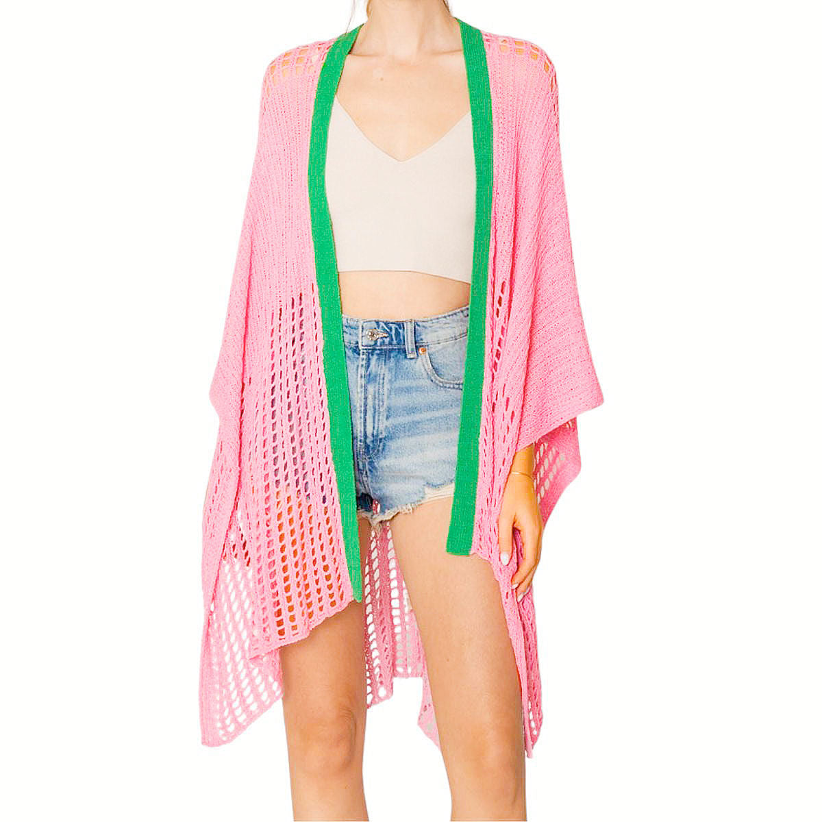 Ruana Kimono Pink and Green Crochet for Women