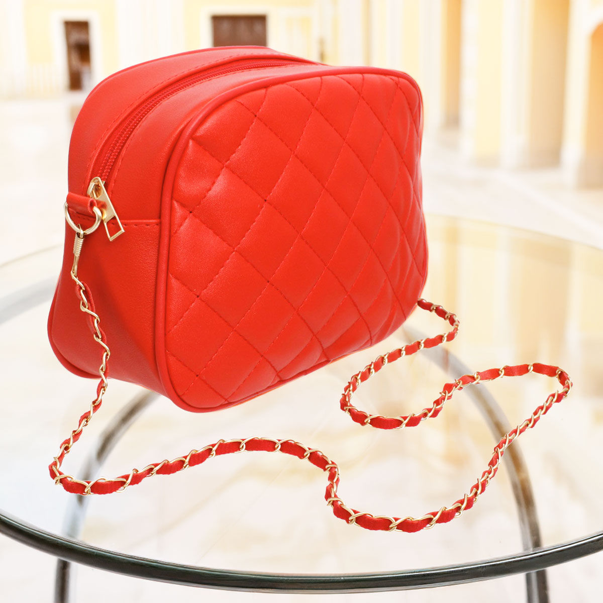 Crossbody Small Red Quilted Chain Strap Bag Women