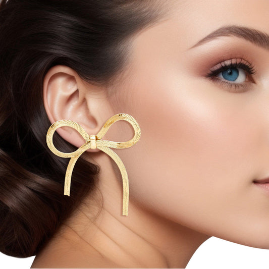 Studs Gold Herringbone Ribbon Bow Earrings Women