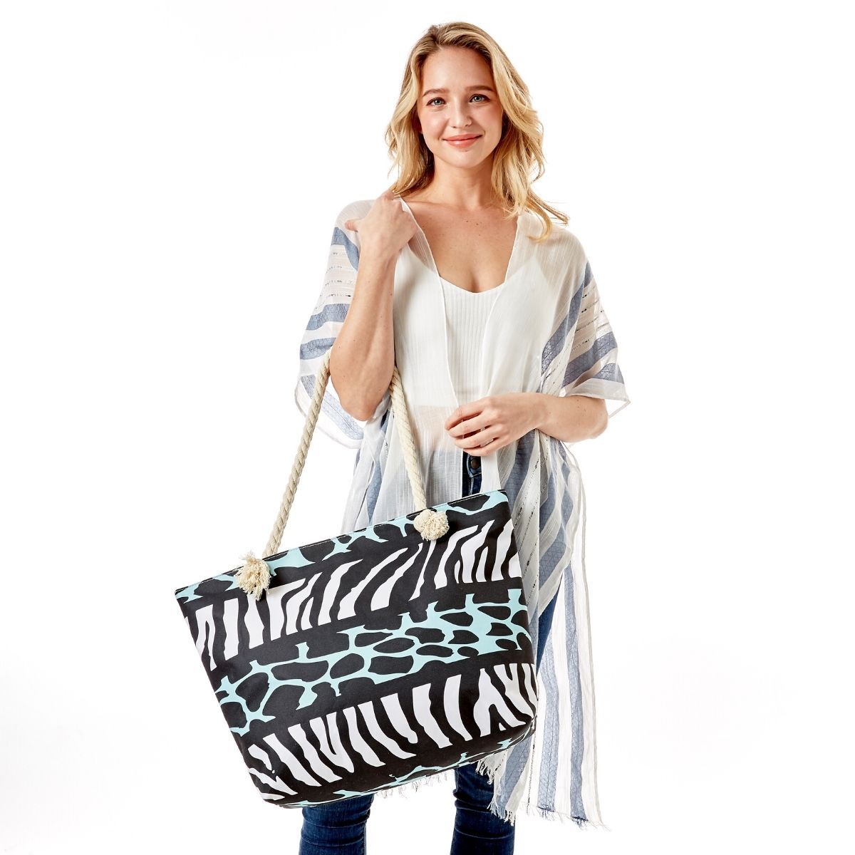 White and Aqua Animal Print Beach Tote