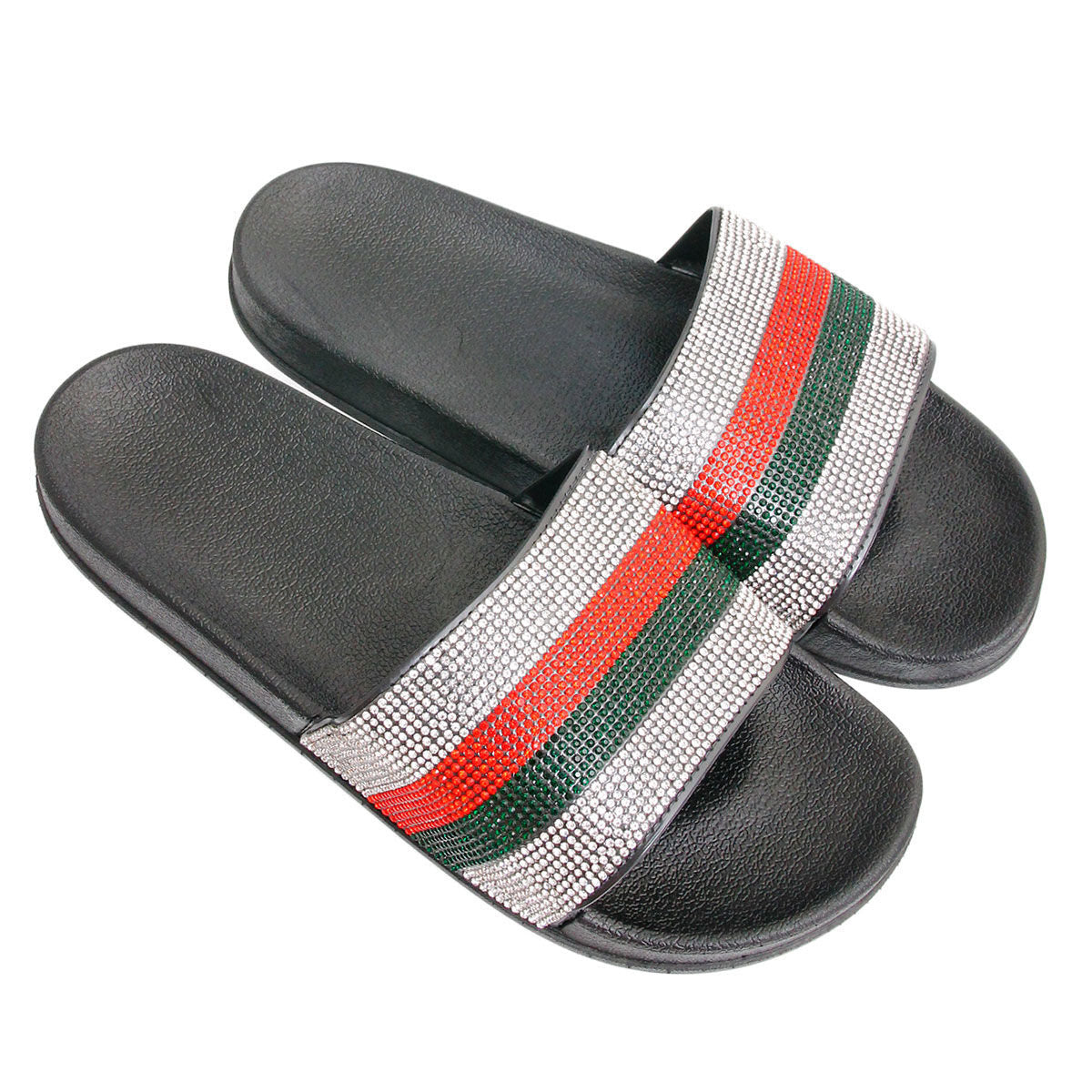 Red and Green Size 9 Designer Black Slides