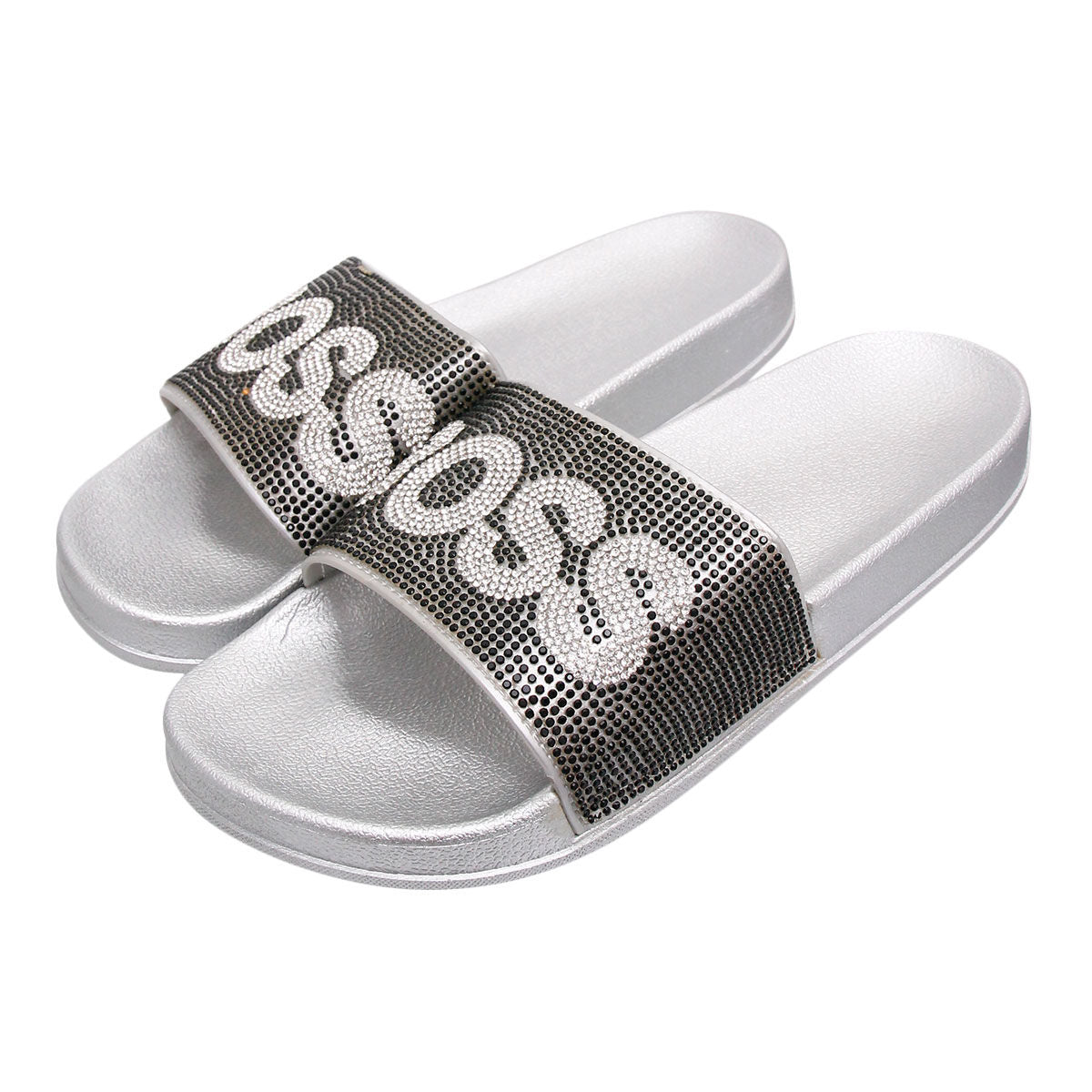 Size 7 Black BOSS Silver Slides