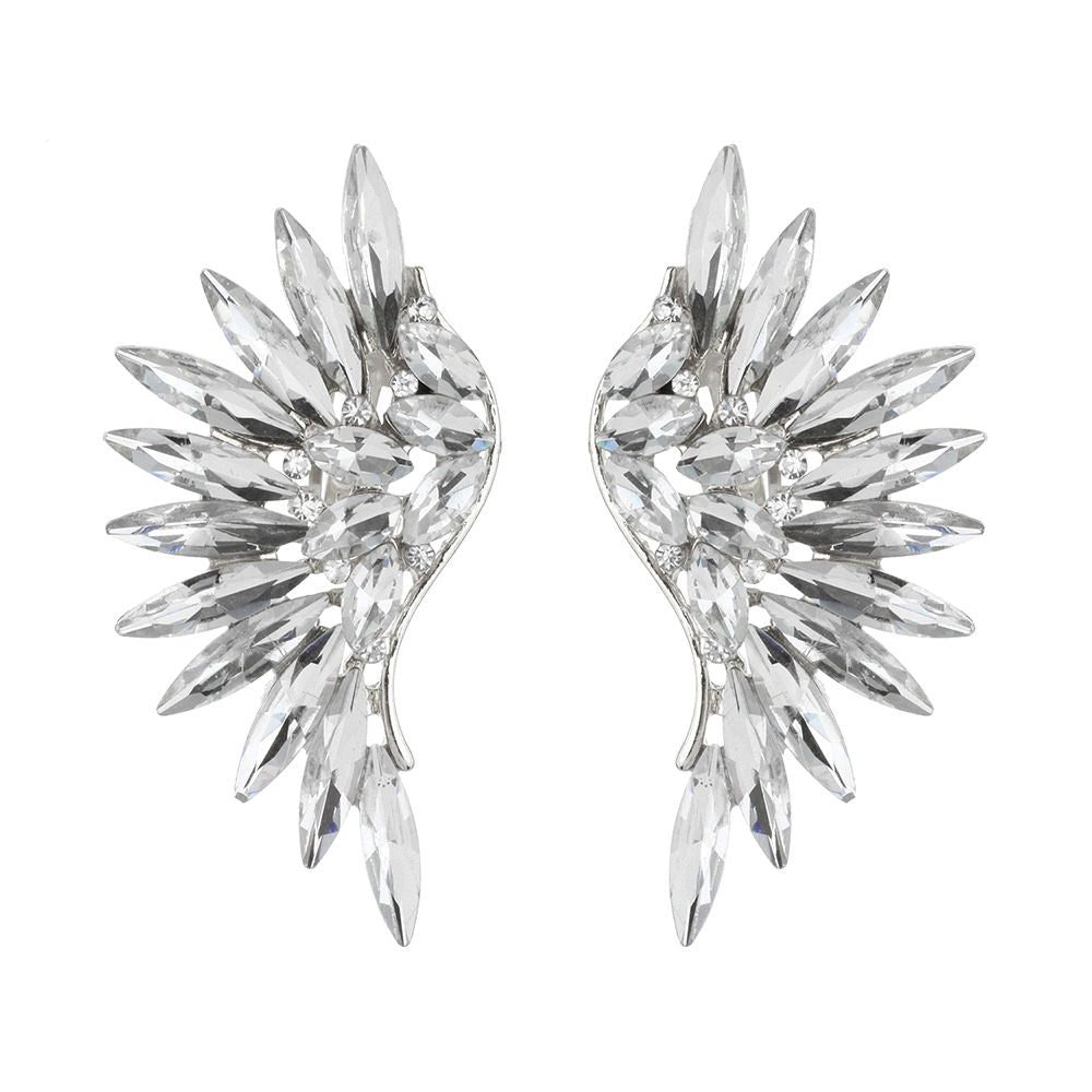 Silver and Rhinestone Wing Design Clip On Earrings