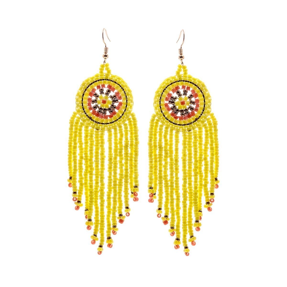 Yellow Seed Bead Fringe Round Earrings