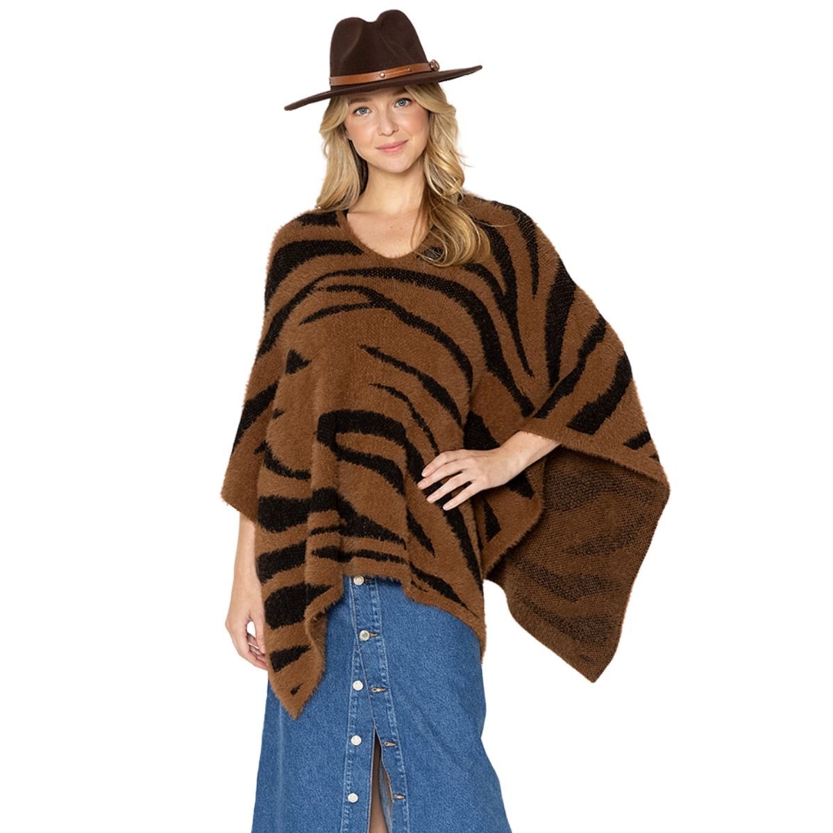 Brown and Black Tiger Fuzzy Poncho