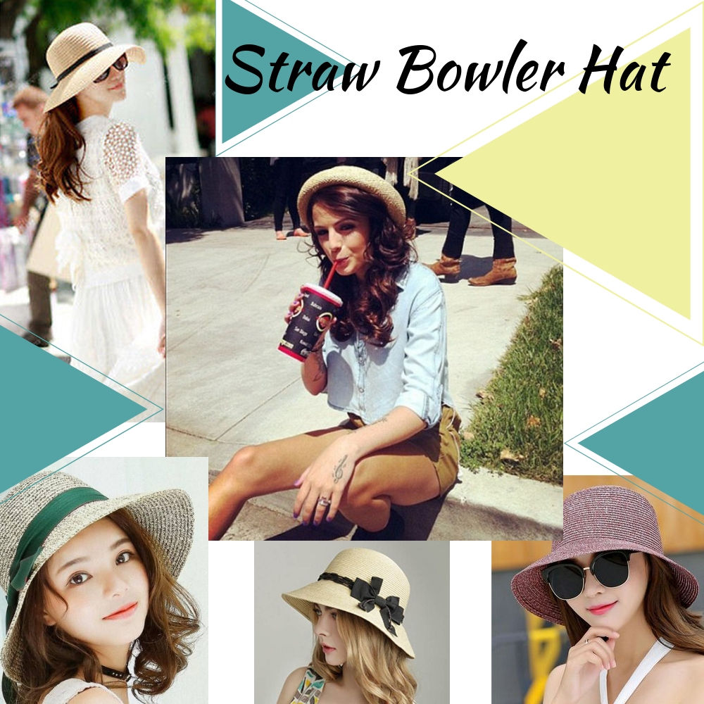 Beige Straw Bowler Hat