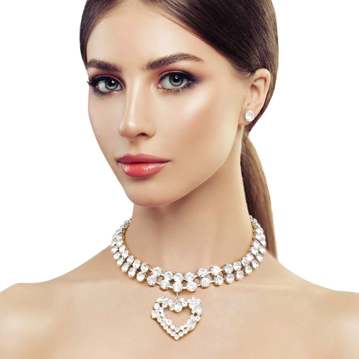 Silver Crystal 2 Row Heart Choker Set