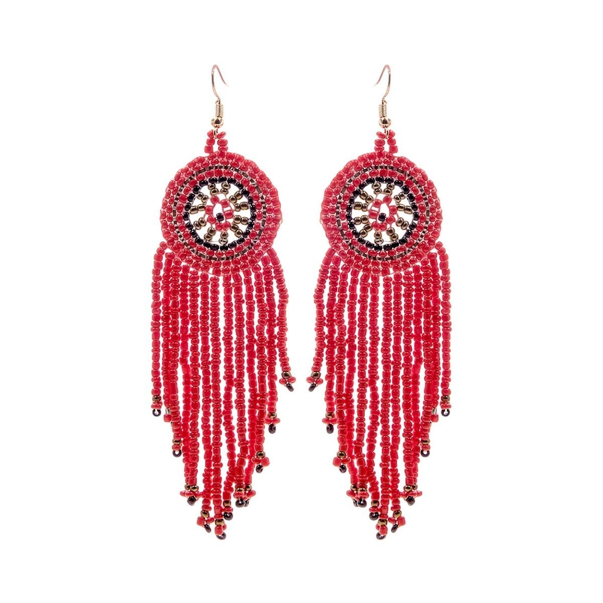 Red Seed Bead Fringe Round Earrings