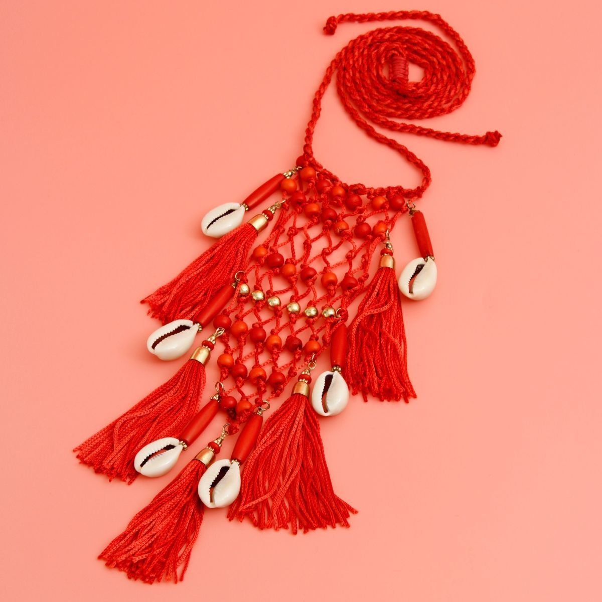 Red Braided String and Cowrie Shell Long Tassel Necklace