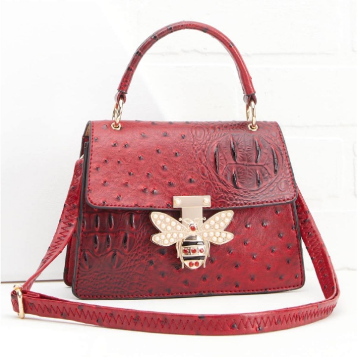 Red Ostrich Stripe Mini Satchel Bag