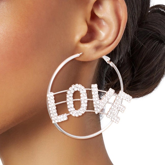 Rhinestone LOVE Silver Hoops