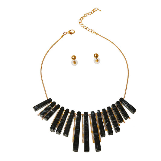 Black Marbled Spike Necklace Set