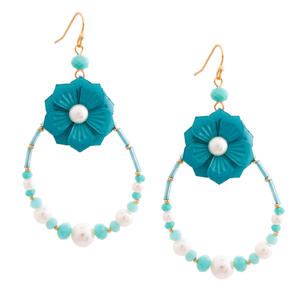 Aqua Flower Teardrop Earrings with Pearl and Bead Detail