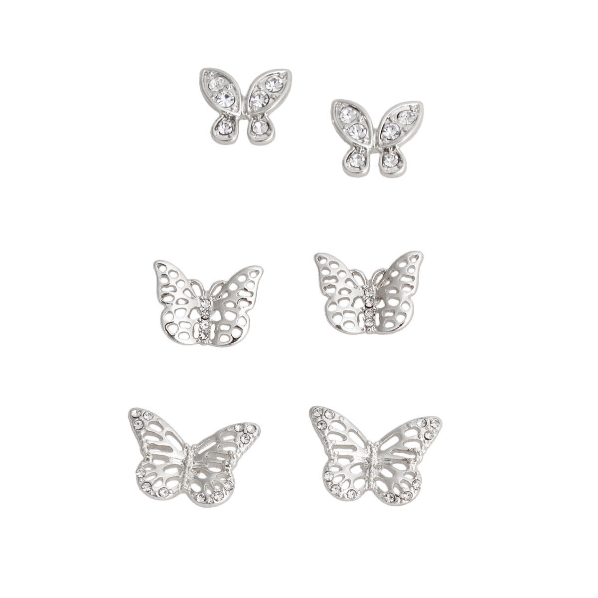 Silver 3 Pcs Butterfly Stud Set