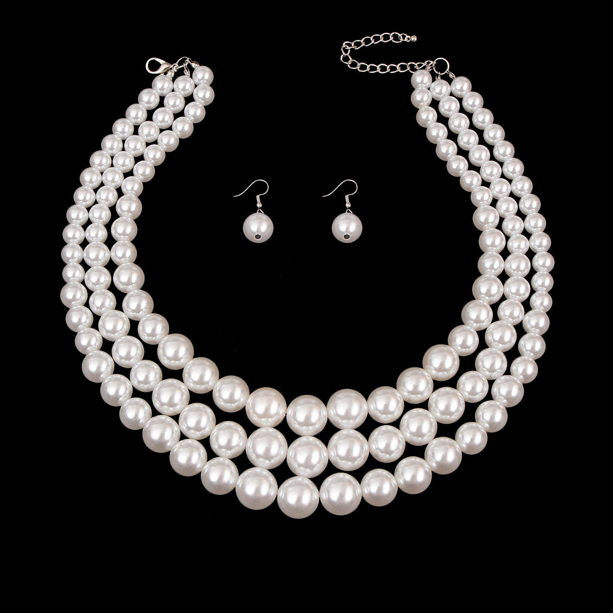 Pure Radiance: White Pearl 3-Strand Rhodium-Plated Layered Necklace Set