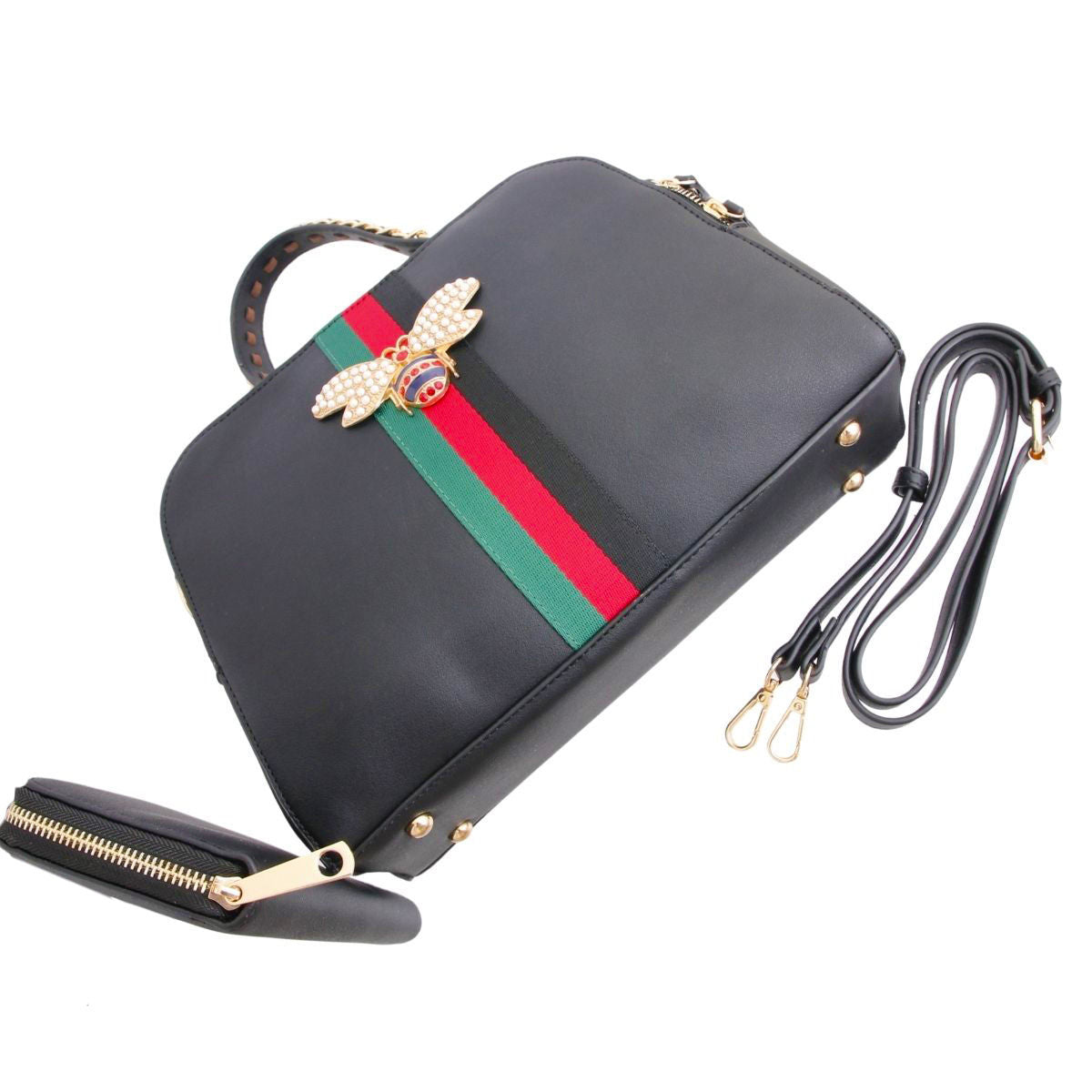 Black Stripe Top Handle Handbag Set