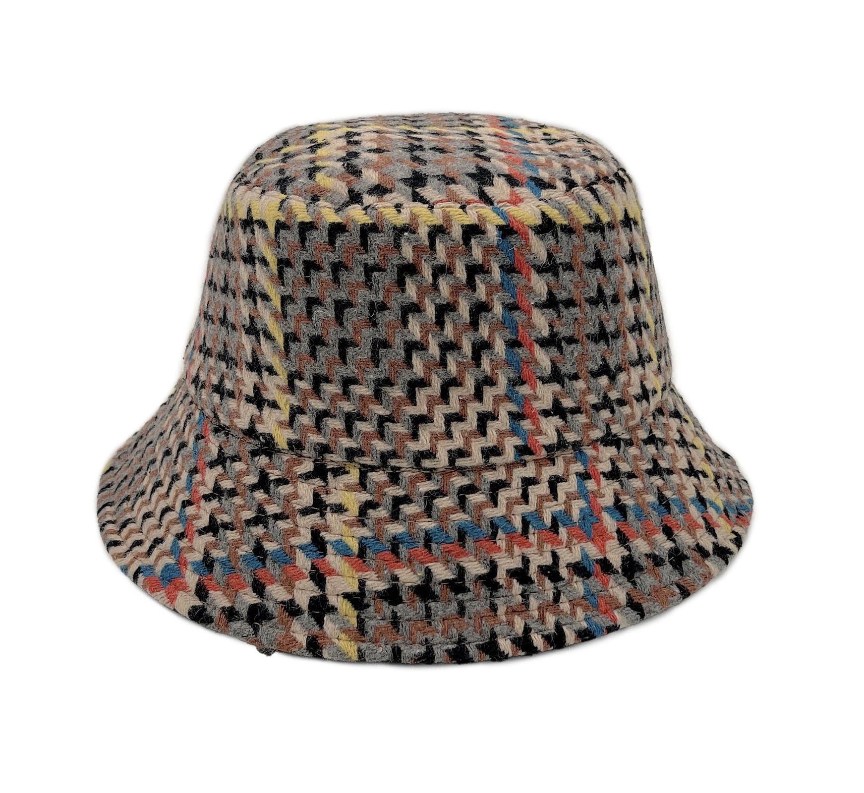 Beige Houndstooth Topstitch Bucket Hat