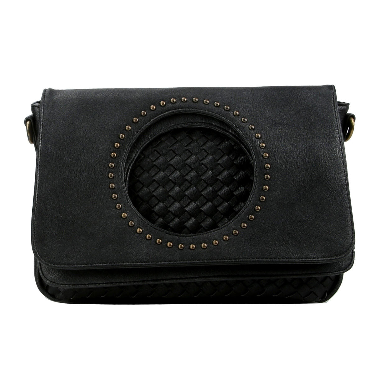 Black Leather Woven Flap Crossbody