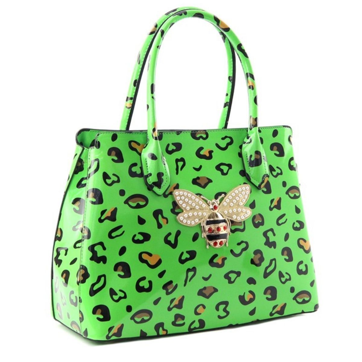 Neon Green Leopard Patent Handbag Set