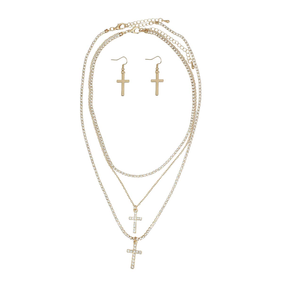 Triple Layer Gold Rhinestone Cross Necklaces