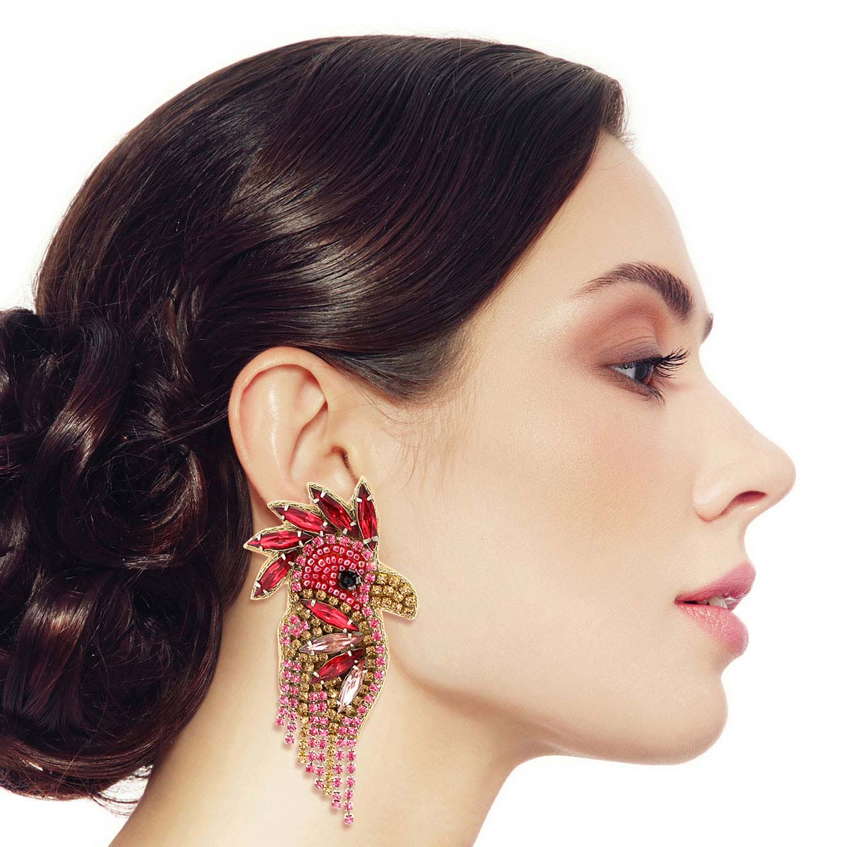 Pink Rhinestone and Bead Macaw Earrings