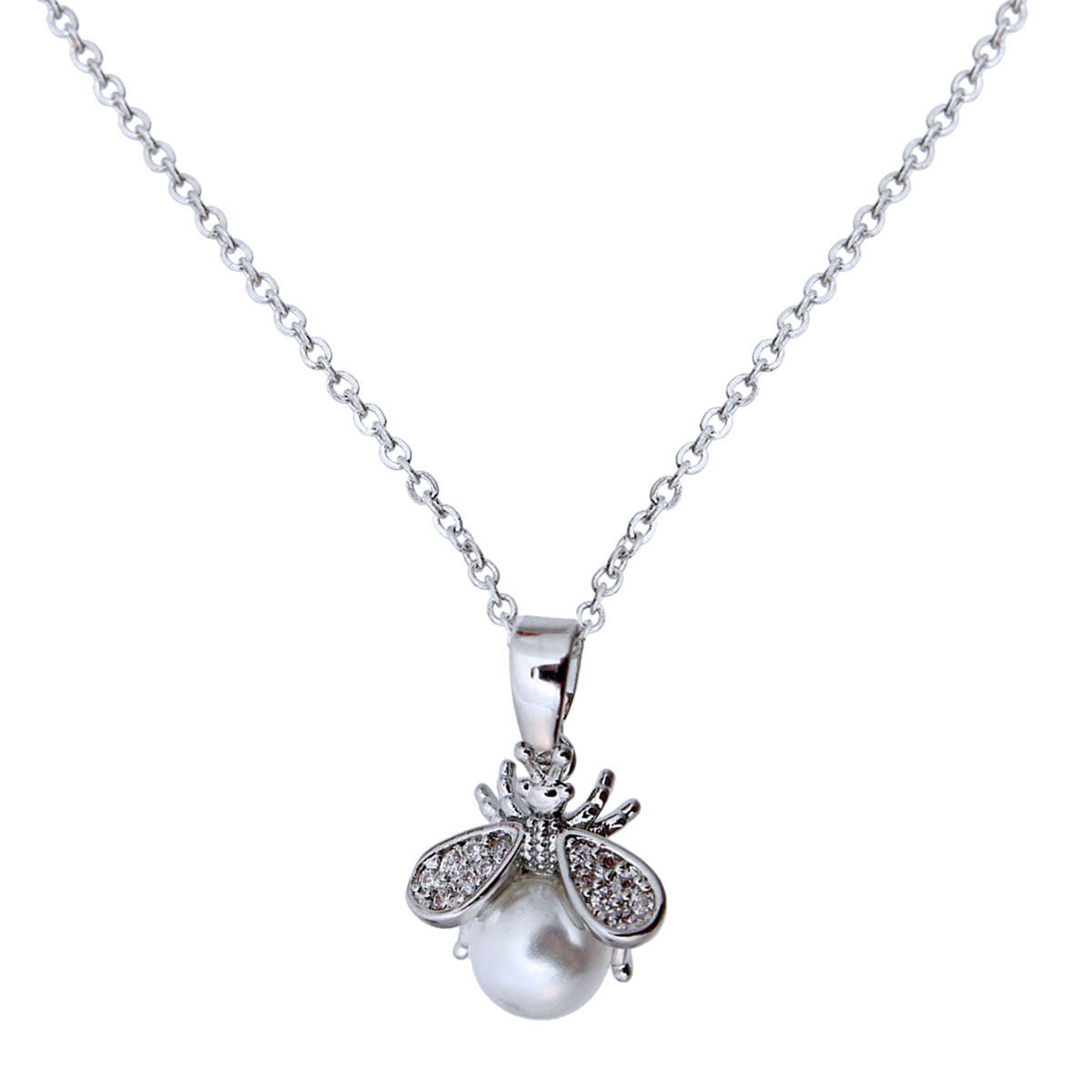 Silver Pearl and CZ Cute Bee Necklace