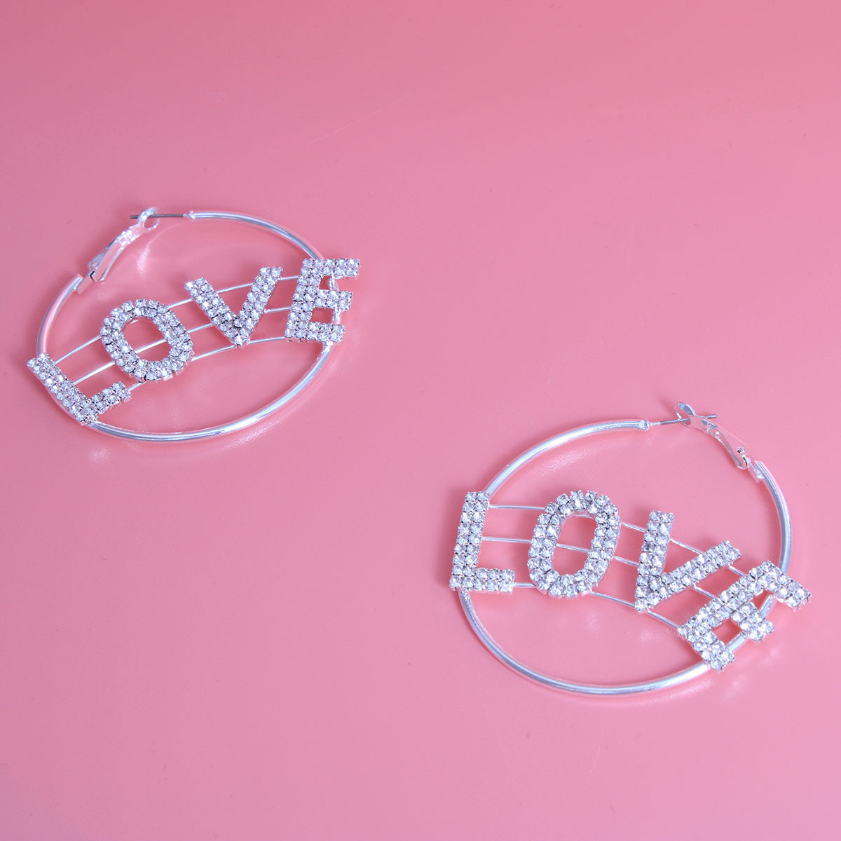 Rhinestone LOVE Silver Hoops