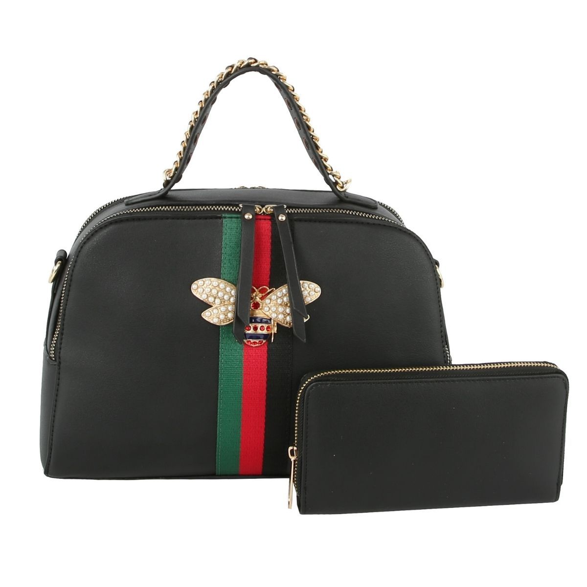 Black Stripe Top Handle Handbag Set