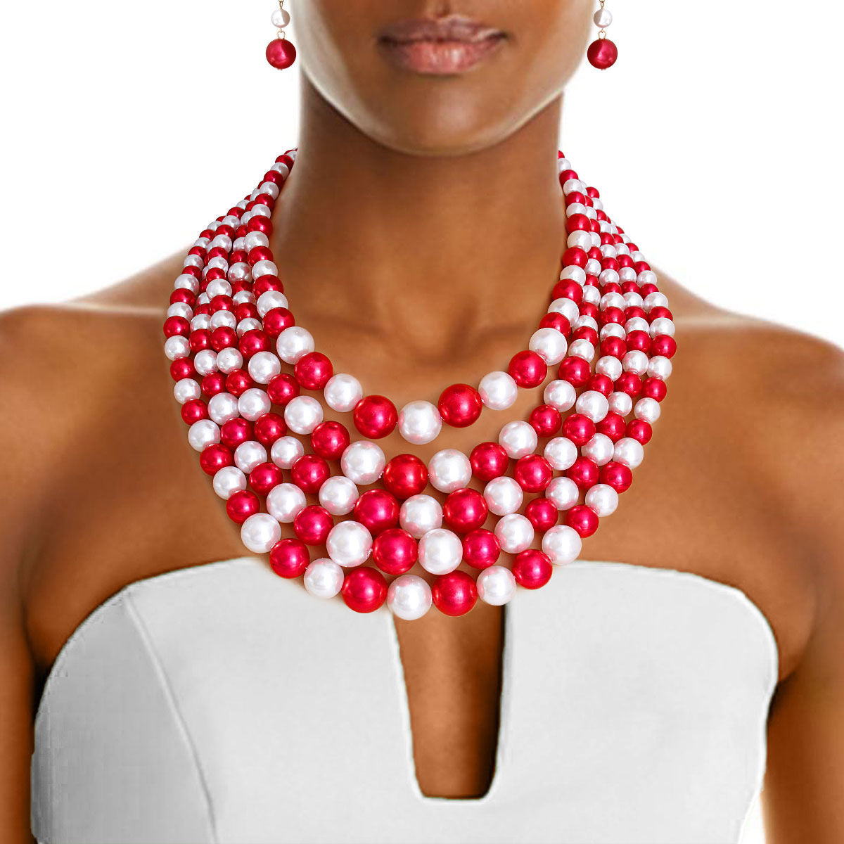 Red and White Pearl 5 Strand Set