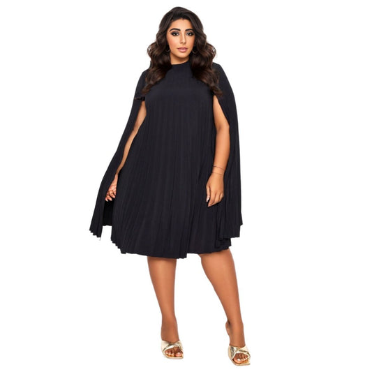 3XL Black Pleated Cape Dress